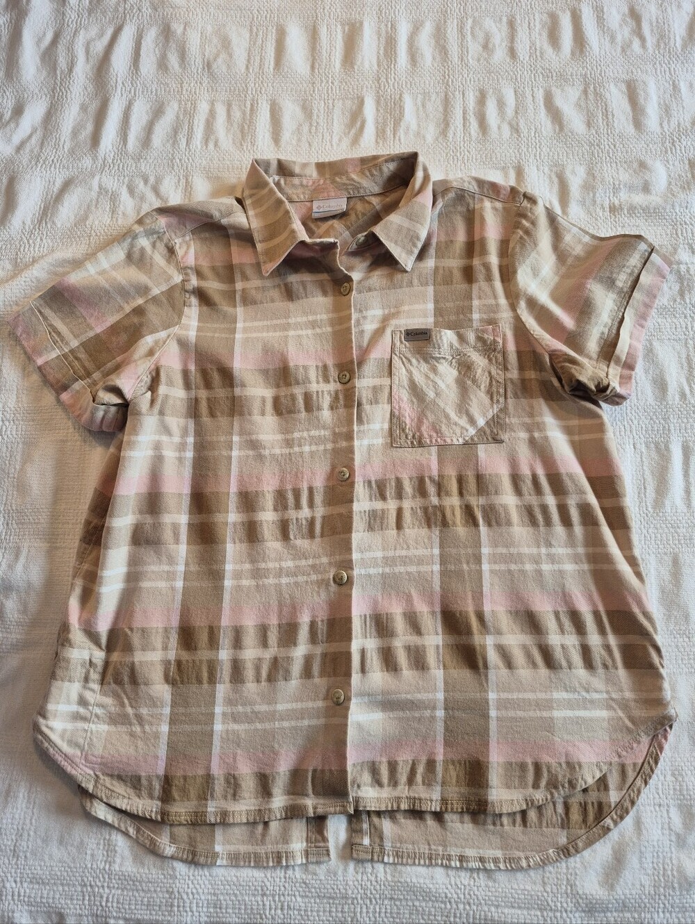 Columbia women's XL short sleeve plaid button up shirt pink tan cream VGUC